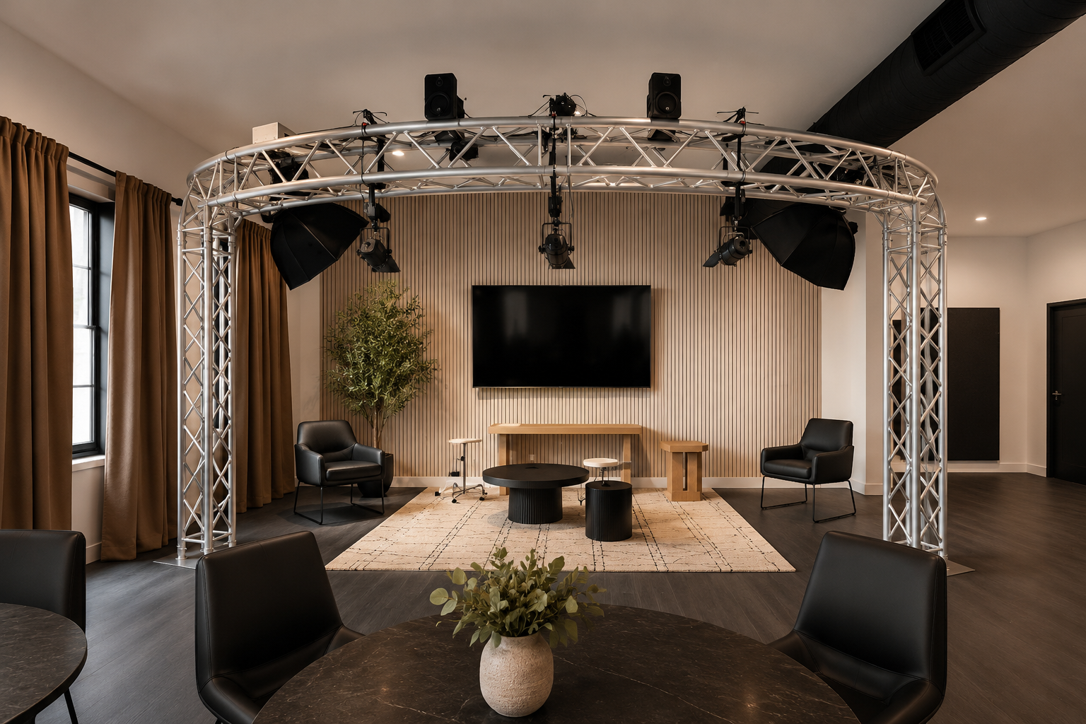 Modern studio set with truss lighting and seating